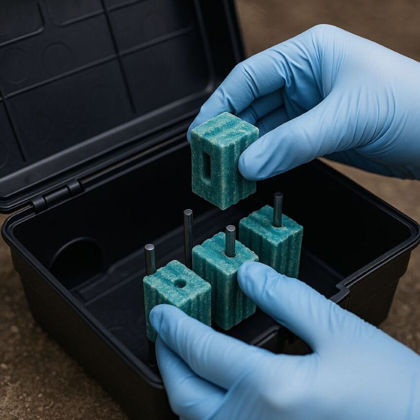 Placing bait blocks onto internal rods inside a bait station