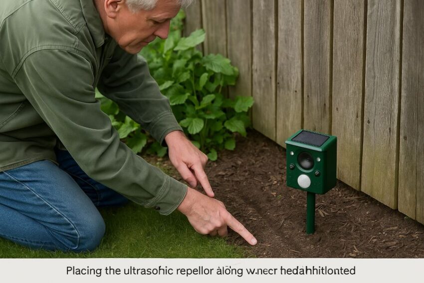 Placing the ultrasonic repeller along a wildlife trail with the sensor head set just above ground for cats and skunks.