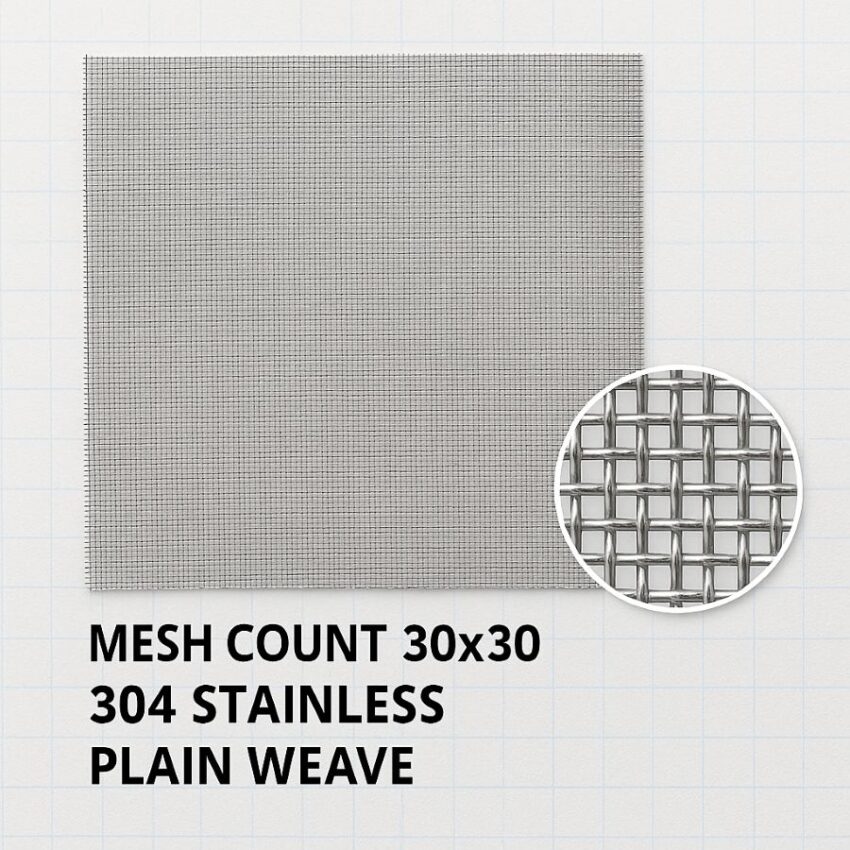 Plain-weave 30-mesh 304 stainless wire cloth labeled for mesh count and material
