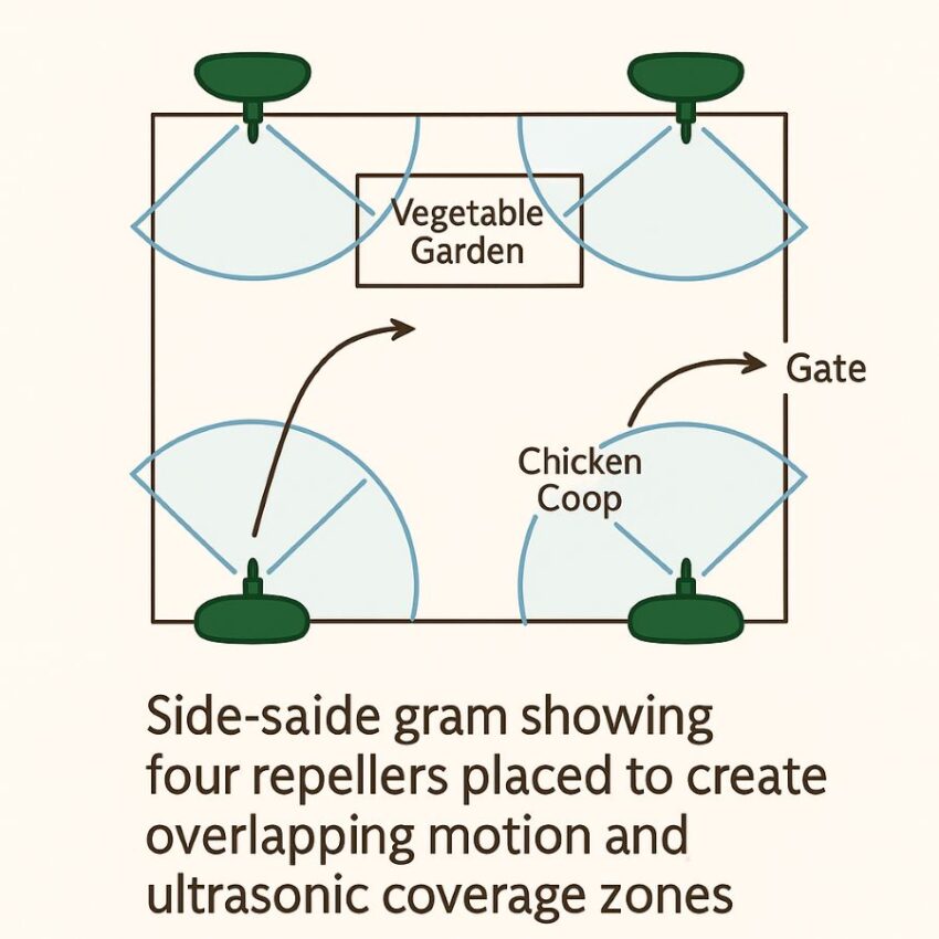 Plan diagram showing four repellers placed to create overlapping motion and ultrasonic coverage zones.