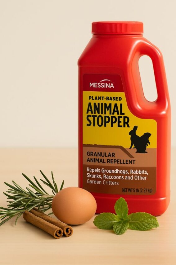 Plant-based repellent theme with rosemary, cinnamon, mint, and egg beside the Animal Stopper jug