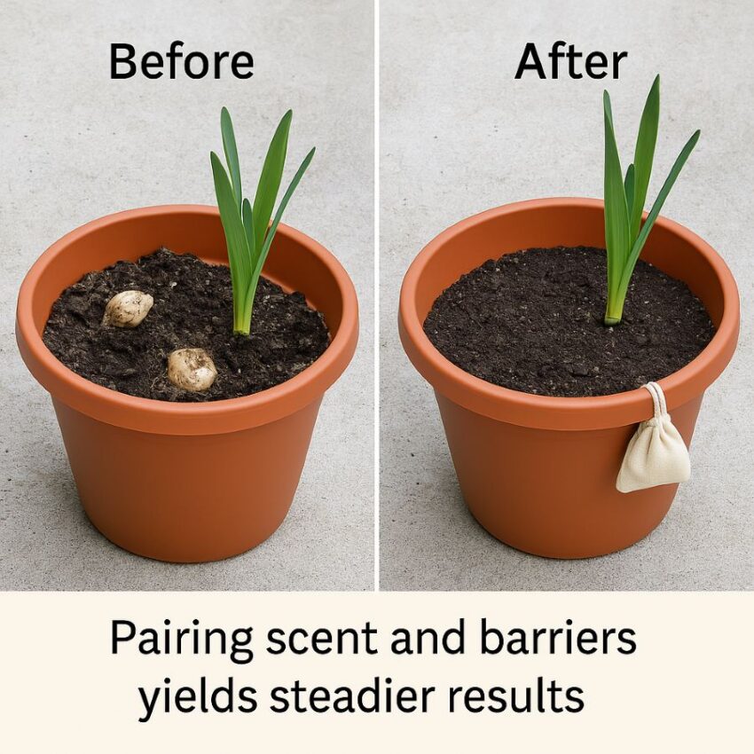 Planter dug up by wildlife versus the same planter protected with a pouch.
