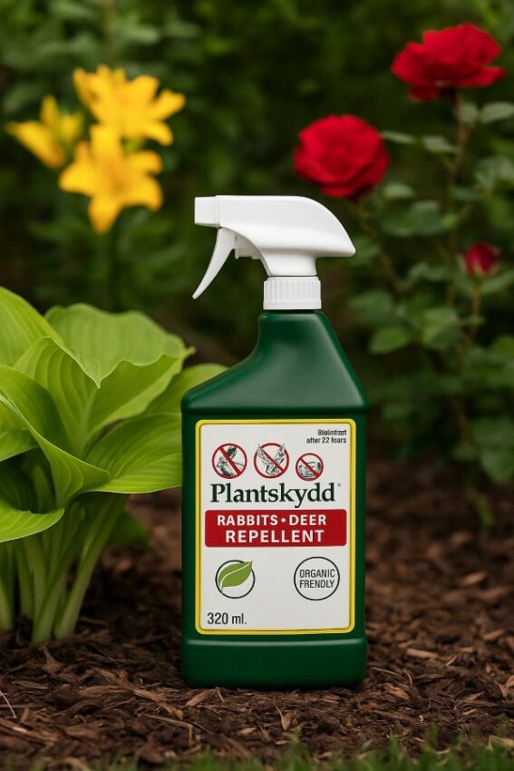 Plantskydd 32 oz ready-to-use deer and rabbit repellent next to hostas in a home garden.