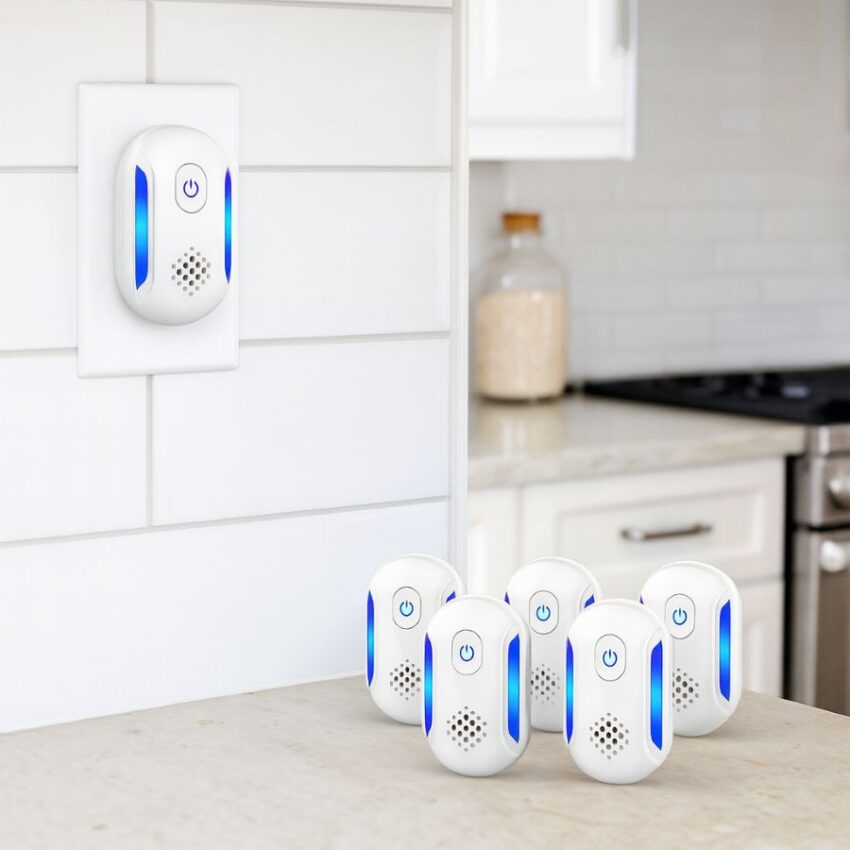 Plug-in ultrasonic pest repeller operating in a modern kitchen with a full 6-pack visible