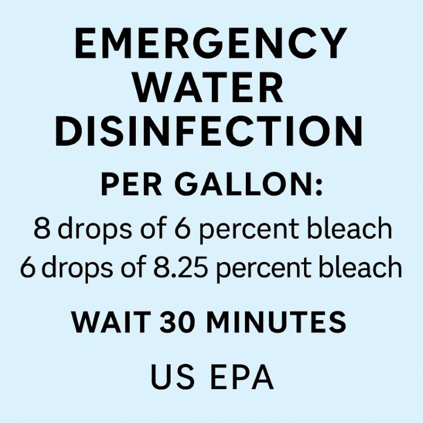 Pocket card showing EPA bleach drop doses per gallon for emergency water disinfection