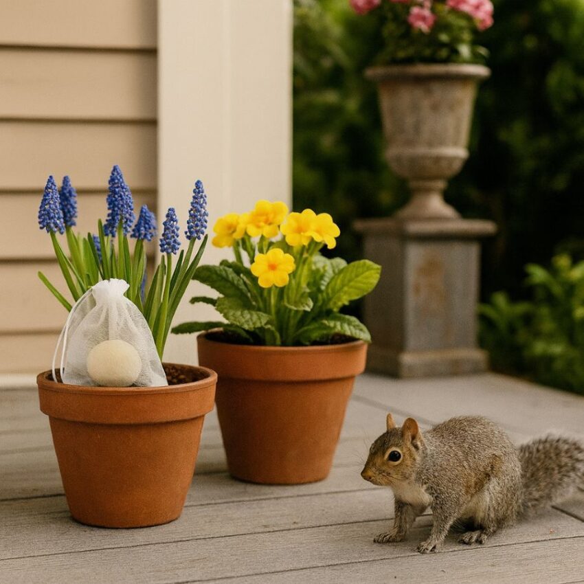 Porch planters protected with scent pouches while a squirrel keeps its distance.