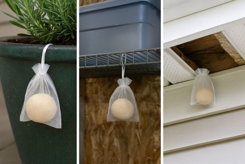 Pouches placed in planters, sheds, and near soffits during repairs
