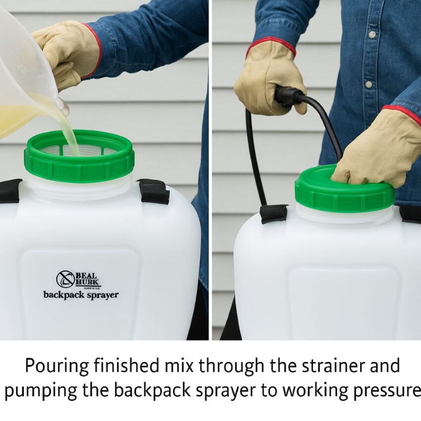 Pouring finished mix through the strainer and pumping the backpack sprayer to working pressure.