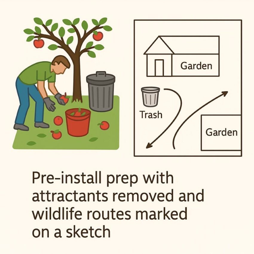 Pre-install prep with attractants removed and wildlife routes marked on a sketch