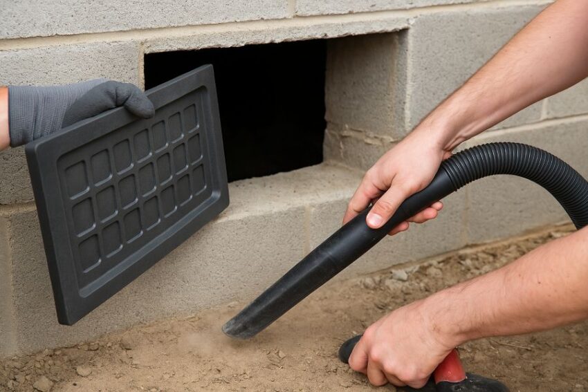 Preparing a foundation opening by removing the old vent and cleaning masonry for adhesion