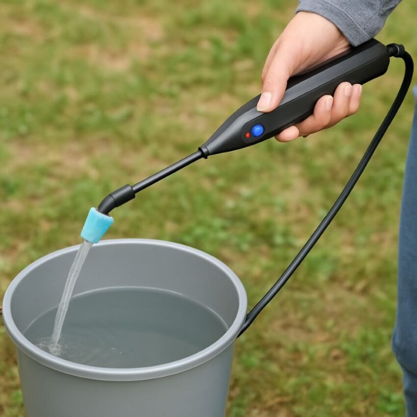 Priming sprayer with clean water on lowest power setting into a bucket