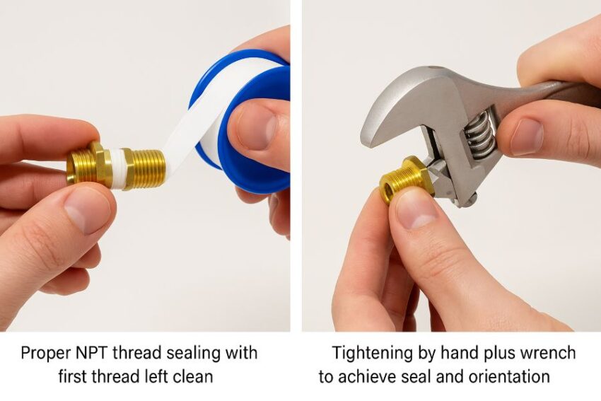 Proper NPT thread sealing with first thread left clean and tightening by hand plus wrench to achieve seal and orientation