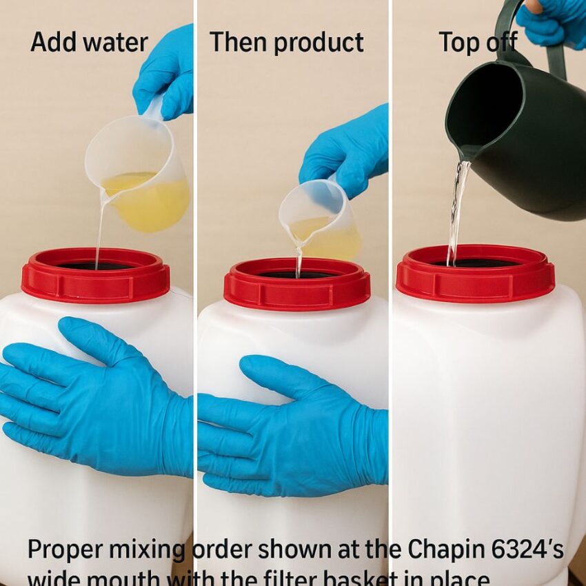 Proper mixing order shown at the Chapin 63924’s wide mouth with the filter basket in place