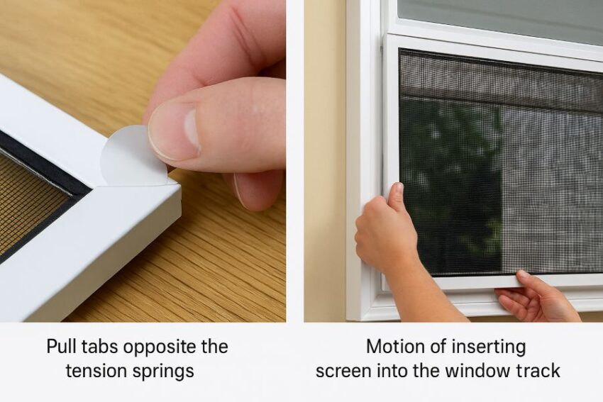 Pull tabs opposite the tension springs and the motion of inserting the screen into the window track