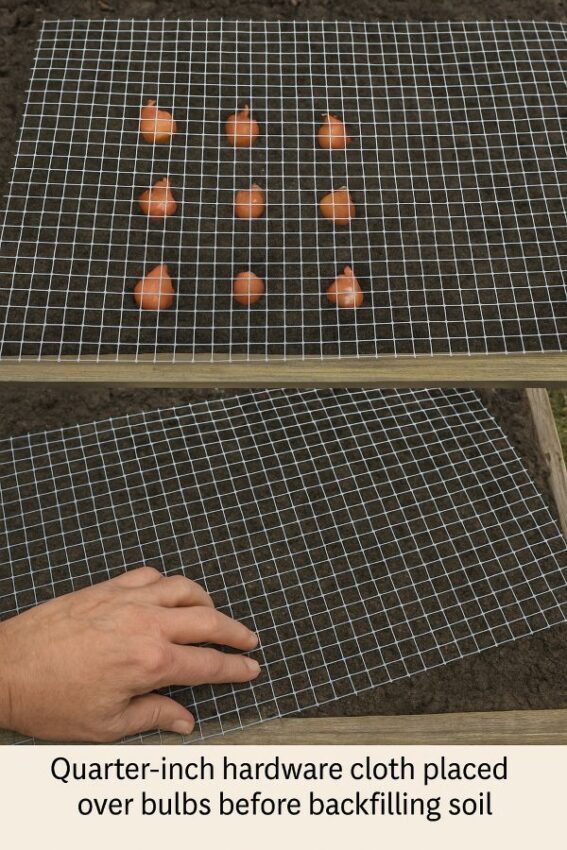 Quarter-inch hardware cloth placed over bulbs before backfilling soil