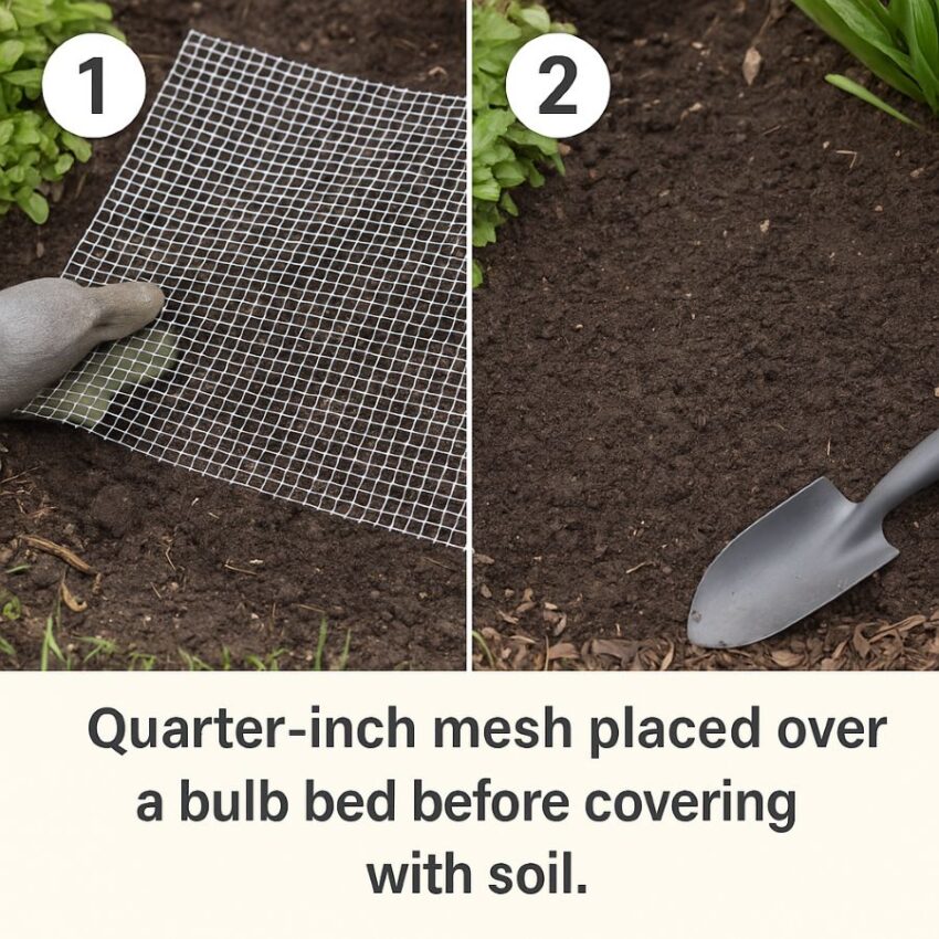 Quarter-inch mesh placed over a bulb bed before covering with soil
