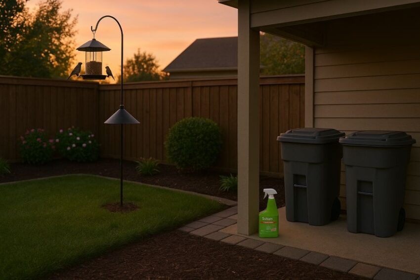 Quiet backyard at dusk with protected beds, a squirrel-proofed feeder, and secured trash area.