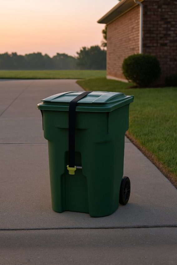 Quiet morning curb with a strapped lid and no litter