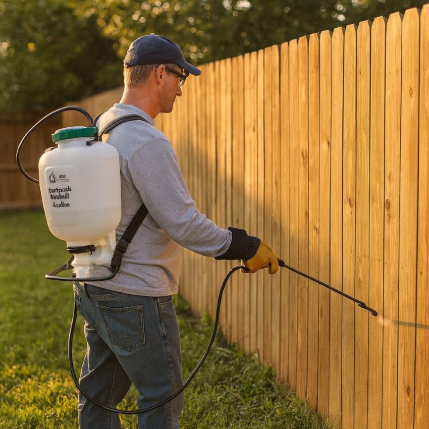 Homeowner using a REALWORK 4-gallon backpack sprayer along a fence line, wearing gloves and safety glasses