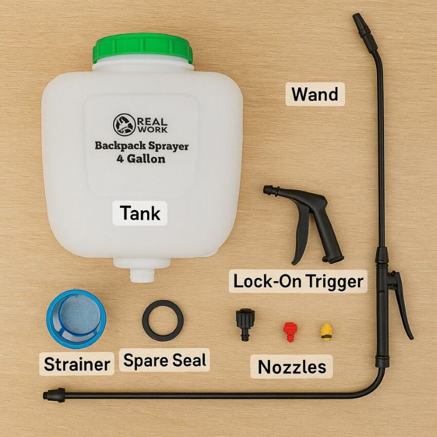REALWORK backpack sprayer components laid out with labels for tank, wand, lock-on trigger, strainer, spare seal, and nozzles
