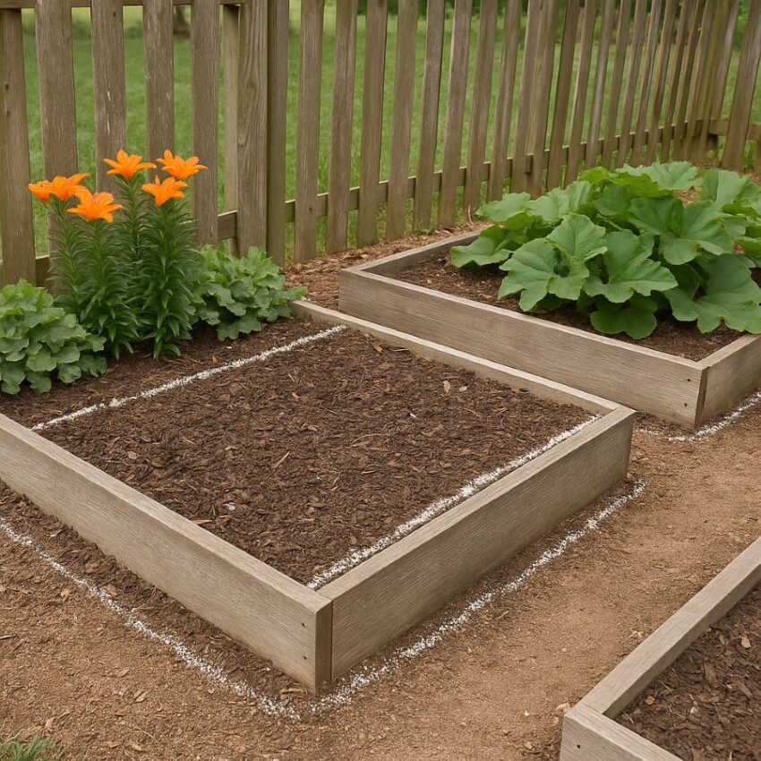 Raised garden beds with light granular lines along edges and entry points where cats travel