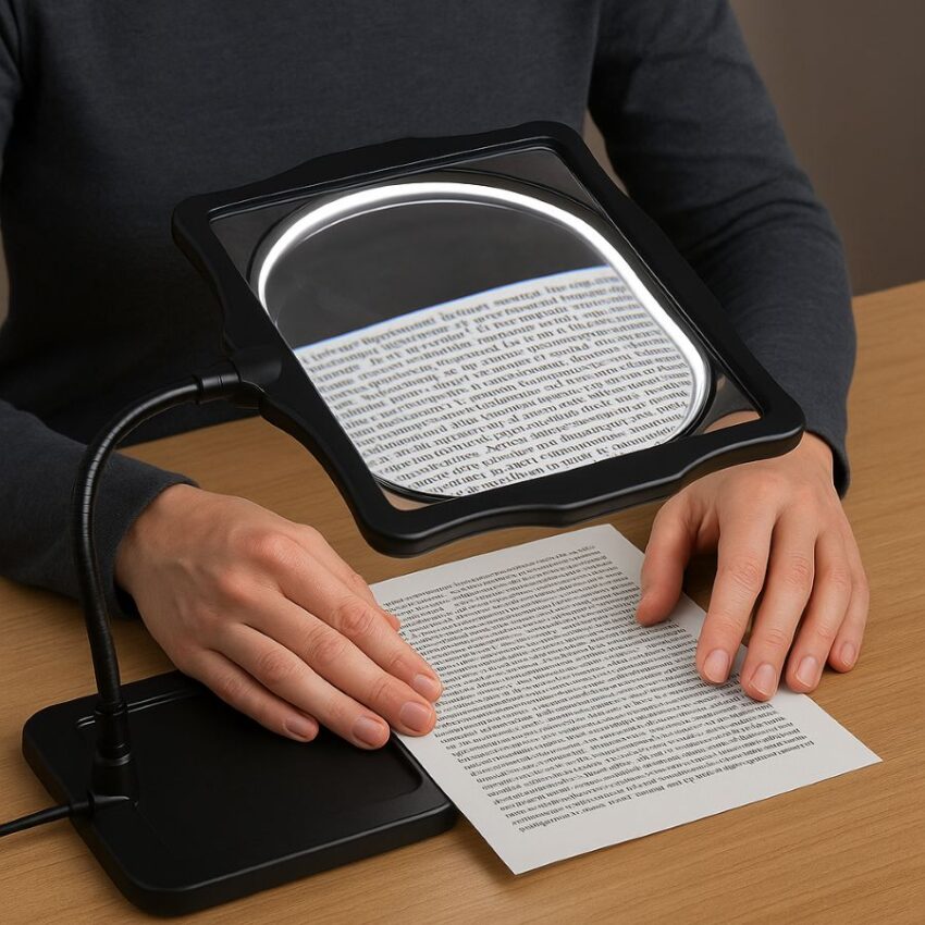 Reader sliding a page under the magnifier to keep text in focus.