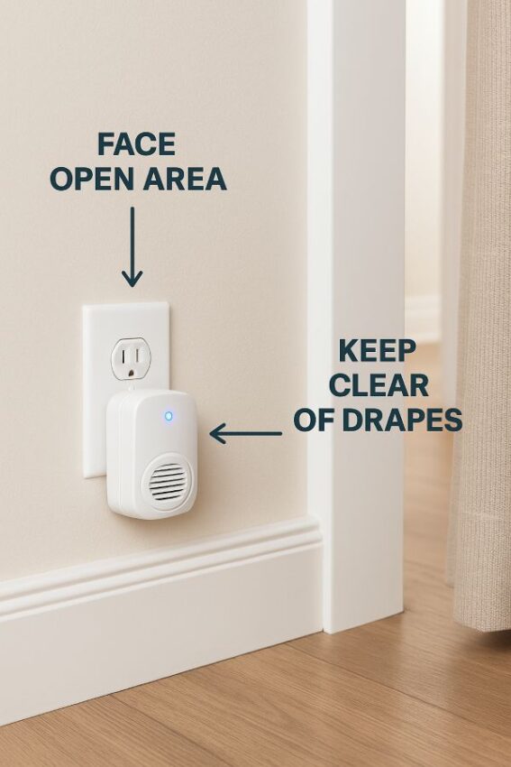 Recommended placement in lower outlet near room entrance with clear line of sight.