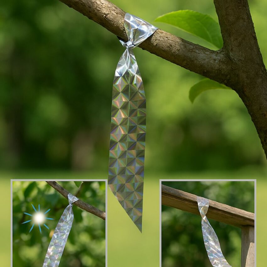 Reflective tape tied to a branch with a loose tail to flutter in the wind.