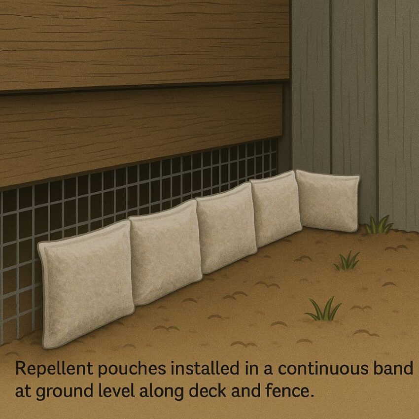 Repellent pouches installed in a continuous band at ground level along deck and fence.