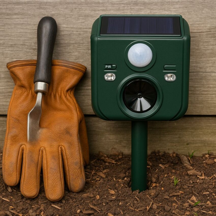 Repeller shown beside a garden glove to illustrate size.