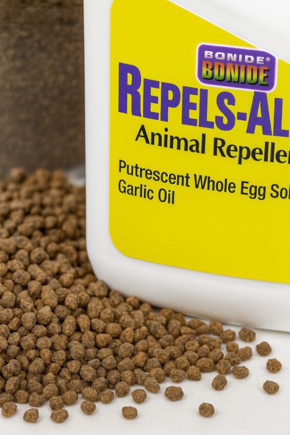 Repels-All granules and bottle with labeled actives