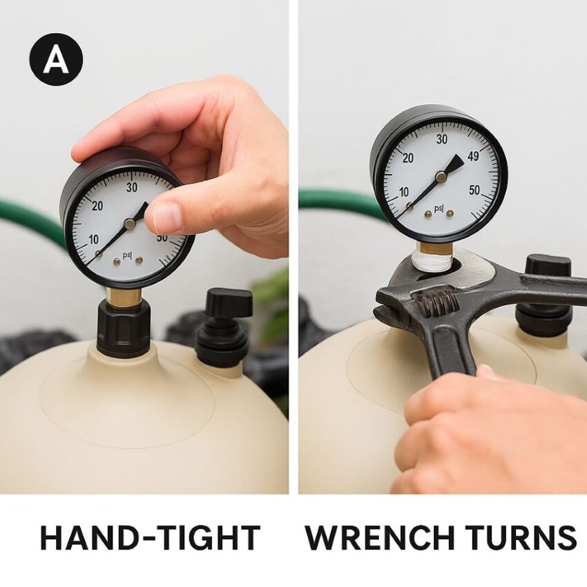 Restarting the system with air-relief open until water runs steadily, then closing the valve and inspecting the gauge joint.