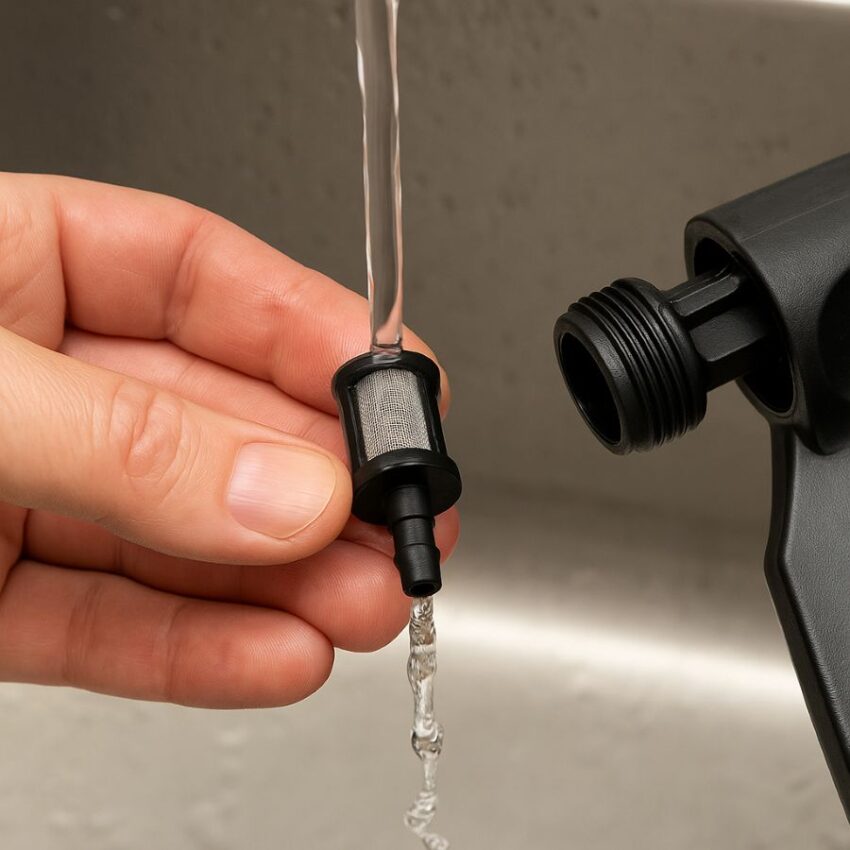 Rinsing a small in-line filter removed from a sprayer shut-off handle under clean water.