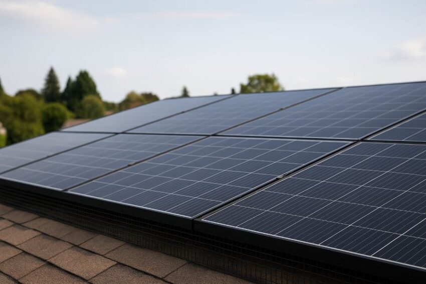 Rooftop solar array with black PVC-coated 1/2-inch mesh skirt clipped to panel frames