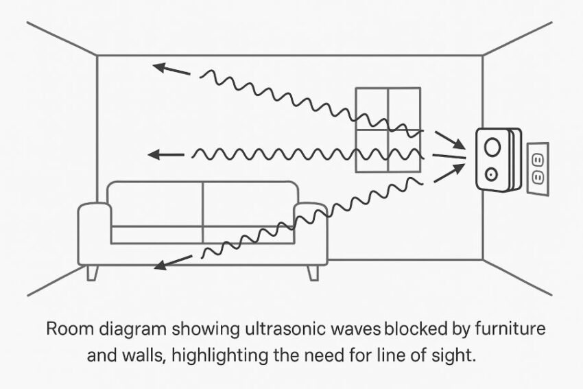 Room diagram showing ultrasonic waves blocked by furniture and walls, highlighting the need for line of sight