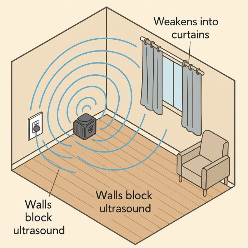 Room diagram with ultrasonic waves reflecting from hard walls and weakening into curtains and corners
