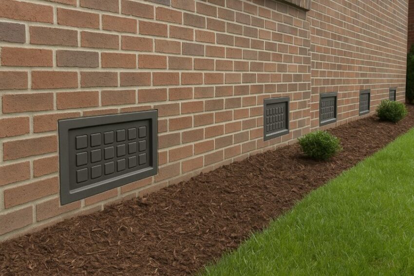 Row of gray foundation vent covers aligned along a clean masonry wall with mulch and shrubs.