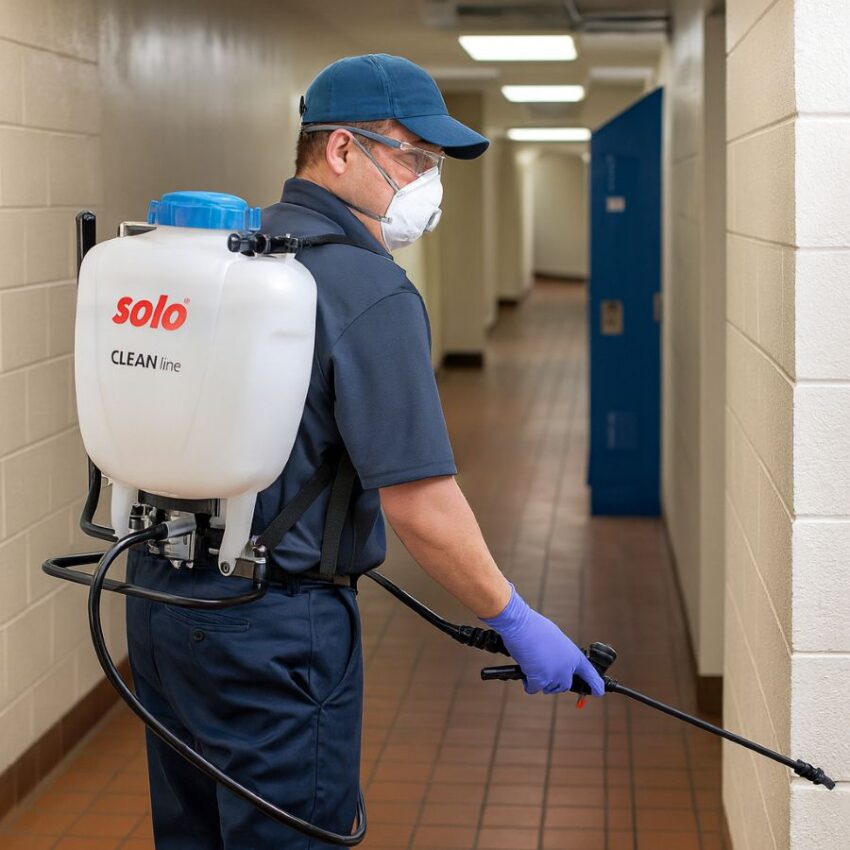 Technician spraying with a SOLO 315-A 4 gallon backpack sprayer in a commercial corridor, showing pro-grade use.