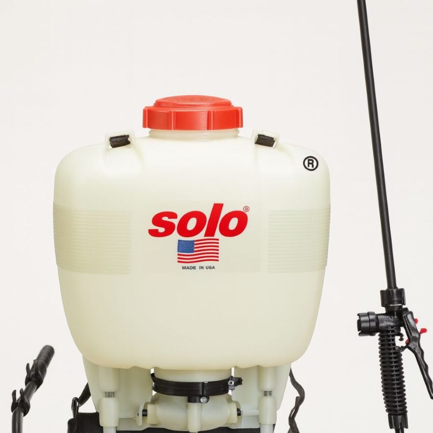 SOLO 475-B 4 gallon diaphragm backpack sprayer with wand and hose on white background