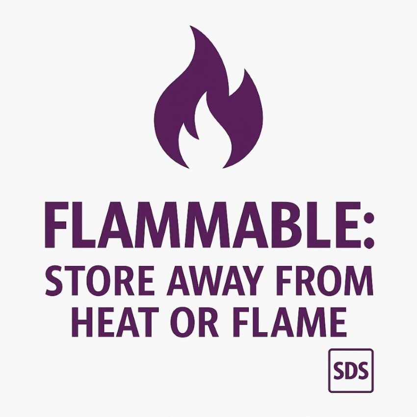 Safety tile reminding users the alcohol-based sanitizer is flammable and should be stored away from heat.