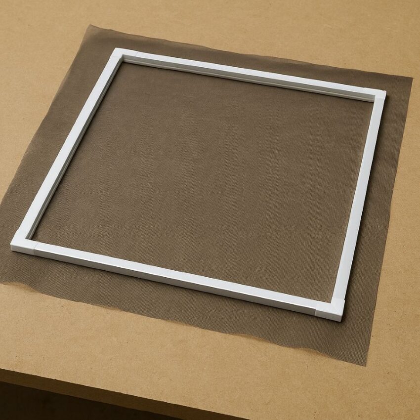 Screen mesh laid over the frame with two inches of overhang before spline rolling