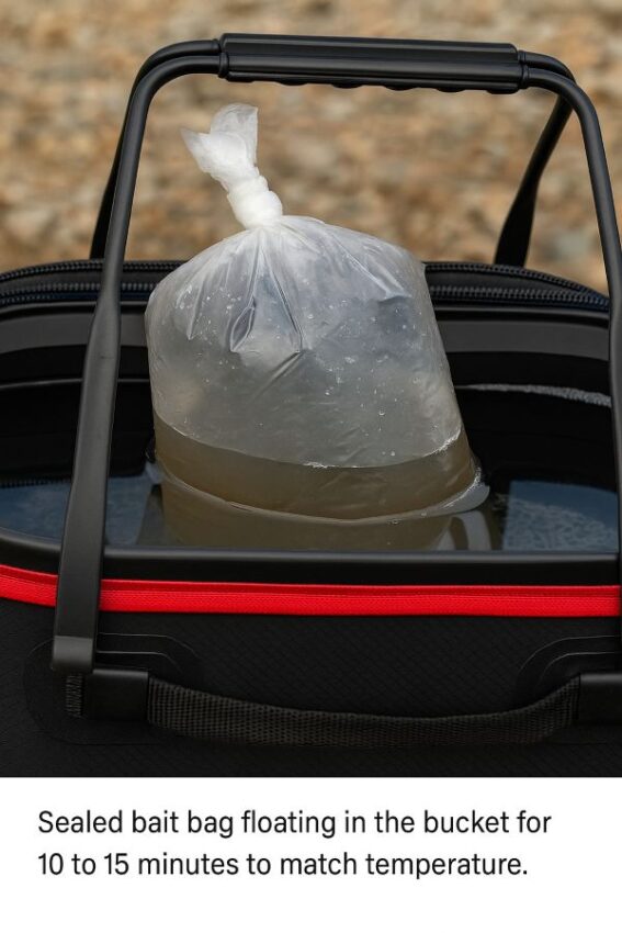 Sealed bait bag floating in the bucket for 10 to 15 minutes to match temperature.