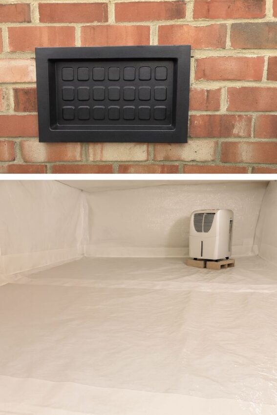Sealed crawl space with continuous vapor barrier and crawl-rated dehumidifier