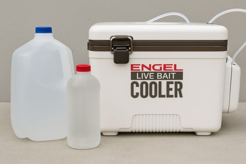 Sealed ice bottle and prepared make-up water next to the Engel cooler for temperature and water quality control.
