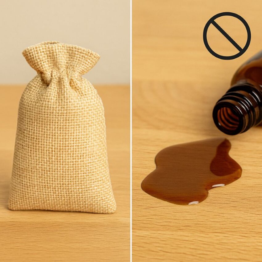 Sealed pouch versus spilled essential oil, highlighting safer placement