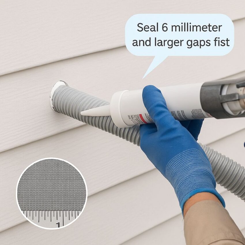 Sealing a quarter-inch gap at a wall penetration before installing fine mesh