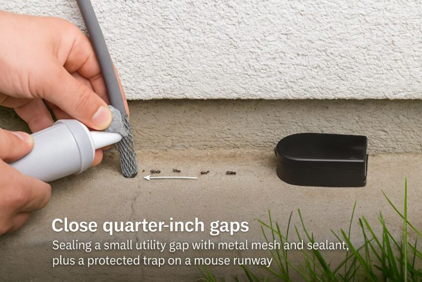 Sealing a small utility gap with metal mesh and sealant, plus a protected trap on a mouse runway.