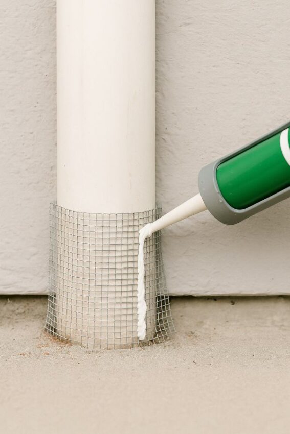Sealing a utility gap with hardware cloth and sealant to stop rodent entry.