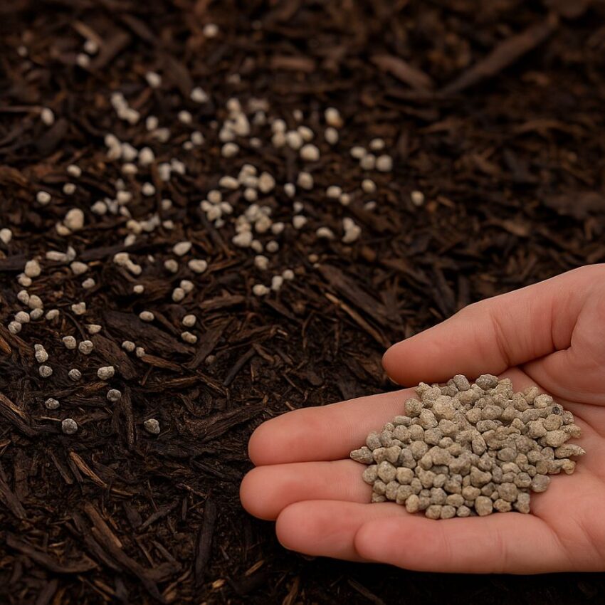 Shake-Away urine-infused mineral granules on mulch
