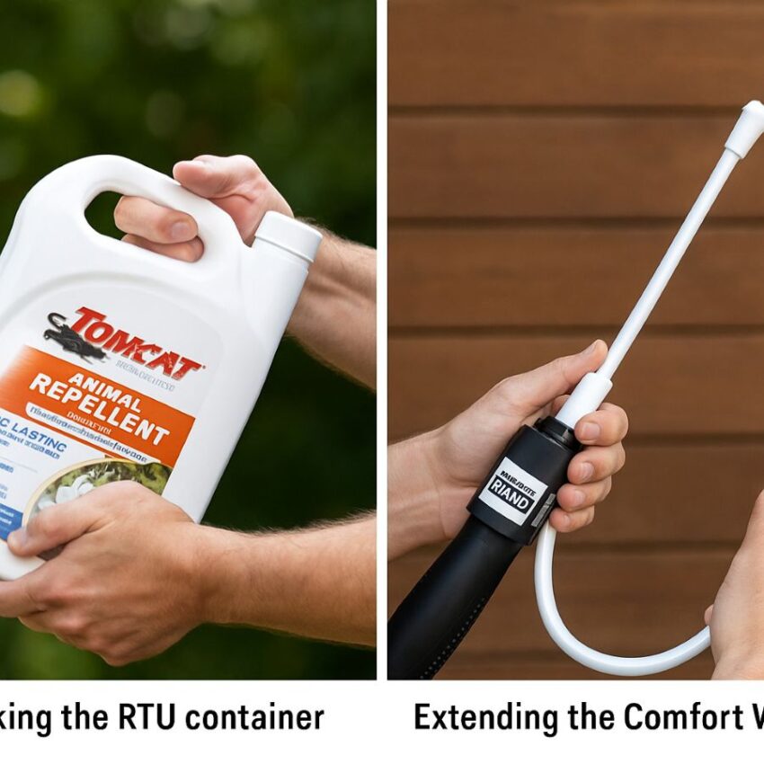 Shaking the RTU container and extending the Comfort Wand before spraying